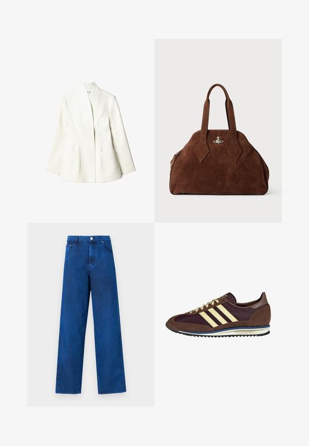 NA-KD Blazer - white; Top de tirantes blanco de canalé con escote redondo y tirantes estrechos. Etiqueta en el escote de color púrpura claro. Etiqueta de tamaño visible.; Pantalones de mezclilla anchos de tiro alto en azul, con detalles de costura, bolsillos frontales y cierre de botón metálico.; Deportivas marrones y burdeos con materiales de ante y malla, con tres franjas crema, tela texturizada en la lengüeta y suela de goma.; Bolso de ante marrón con una forma estructurada, cuerpo redondeado y asas alargadas en forma de diamante. Presenta un cierre de hardware plateado.