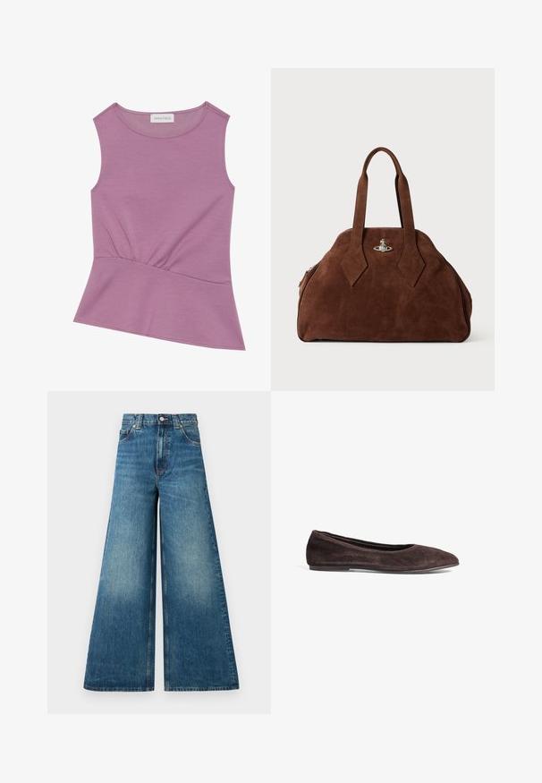 NA-KD Blazer - white; Top sin mangas de color lila con escote redondo y detalle fruncido en la cintura, con ligera apertura en el dobladillo.; Jeans de pierna ancha de talle alto en denim azul deslavado, con cierre de botón, pasadores para cinturón y dos bolsillos delanteros.; Bailarina de ante marrón con punta afilada y perfil bajo. Presenta una textura suave y un diseño minimalista. Sin hardware visible ni acentos.; Bolso de ante marrón con una forma estructurada, cuerpo redondeado y asas alargadas en forma de diamante. Presenta un cierre de hardware plateado.