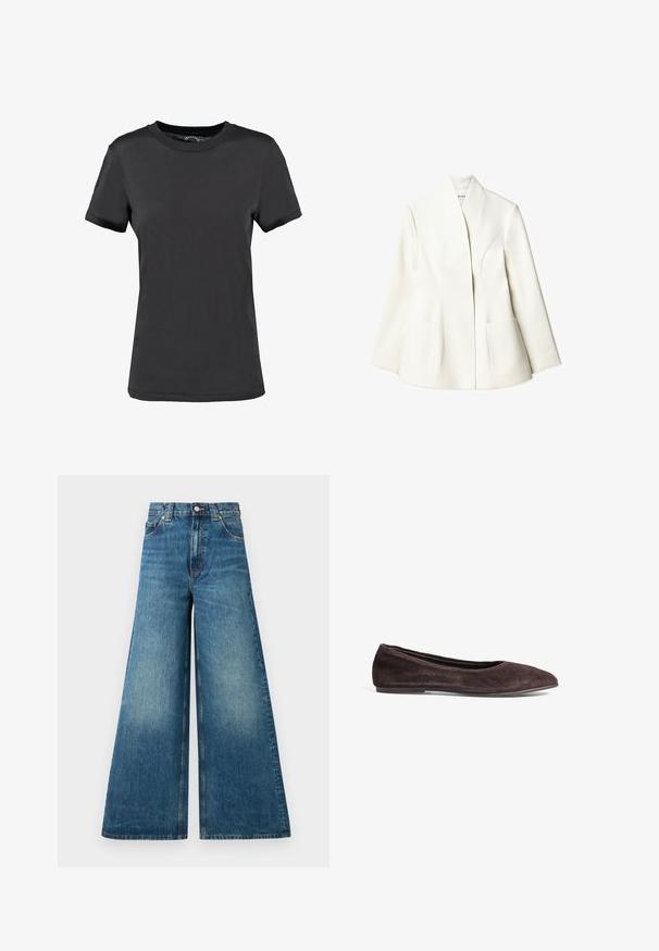 NA-KD Blazer - white; Black short-sleeve t-shirt made of smooth fabric. Features a crew neck with no visible patterns or accents, offering a simple design.; High-waisted wide-leg jeans in faded blue denim, featuring a button closure, belt loops, and two front pockets.; Brown suede ballet flat with a pointed toe and low profile. Features smooth texture and minimalistic design. No visible hardware or accents.