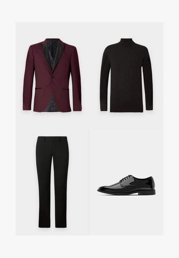 Burgundy blazer with black satin lapels, single button closure, two front pockets, and patterned black lining. Tailored fit and structured shape.; Black turtleneck sweater in a soft knit fabric. Features long sleeves and a fitted design with a ribbed collar and hem. Minimal branding.; Black trousers with a tailored fit, featuring a smooth texture and straight leg design. The waistband has belt loops and a clean finish.; Black patent leather dress shoe with a rounded toe, lace-up design, and smooth, shiny surface. Features a low-profile rubber sole.