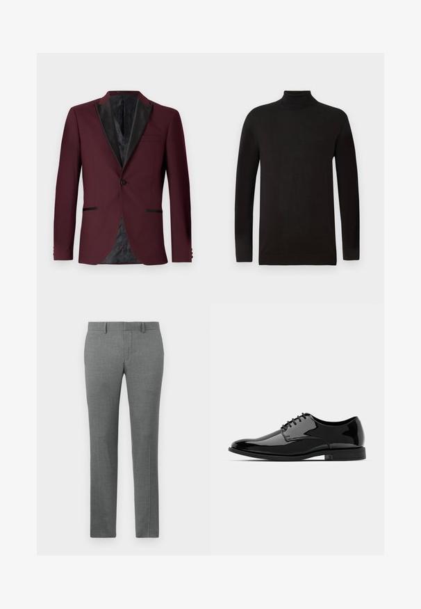 Burgundy blazer med sorte satin slag, enkelt knappelukning, to forlommer og mønstret sort foer. Skræddersyet pasform og struktureret form.; Sort højhalset sweater i blødt strikket stof. Har lange ærmer og en tætsiddende pasform med ribkant på kraven og nederste kant. Minimal branding.; Grå skræddersyede bukser med en glat tekstur, lige ben design, bæltestropper og et subtilt hørmønster over det hele.; Sort lakeret dresssko med en afrundet tå, snørebåndsdesign og glat, skinnende overflade. Har en lavprofils gummisål.