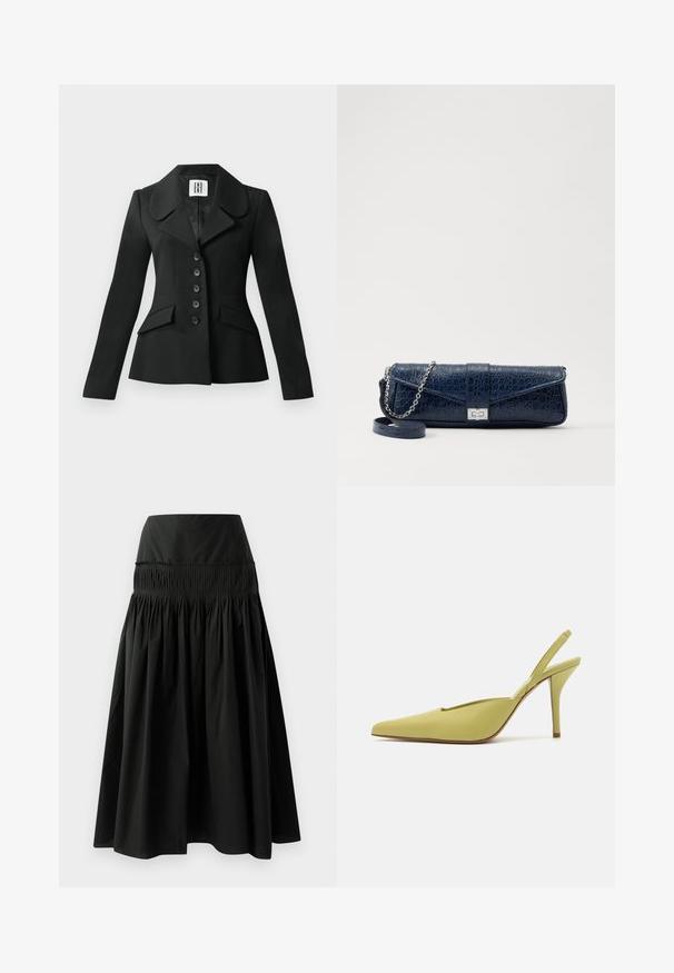 Čierny oblekový kabát so štruktúrovanou siluetou, veľkým golierom, šiestimi gombíkmi a dvoma prednými vreckami. Hladká textúra, dlhé rukávy.; Saténová košieľka v béžovej farbe s čipkovým detailom na dekolte, s tenkými nastaviteľnými ramienkami a hladkou, lesklou textúrou.; Čierna sukňa po kolená vyrobená z hladkej látky, s priliehavým pásom a naberaným dizajnom pre objem.; GIABORGHINI OCTAVIE - Obuv na vysokom opätku - green; Tmavomodrá kožená kapsička s krokodílovou textúrou, strieborný reťazový popruh a kovová spona. Obdĺžnikový tvar so sklápacím dizajnom.