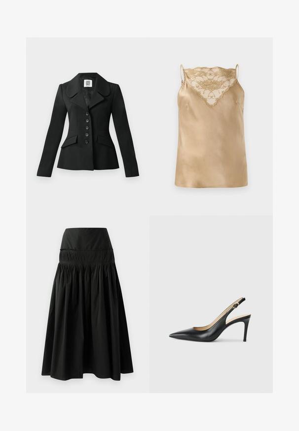 Black tailored jacket with a structured silhouette, large collar, six buttons, and two front pockets. Smooth texture, long sleeves.; Satin camisole in beige with lace detailing at the neckline, featuring thin adjustable straps and a smooth, glossy texture.; Black knee-length skirt made of smooth fabric, featuring a fitted waistband and gathered design for fullness.; Black leather slingback high heels with a pointed toe, adjustable strap, and a sleek stiletto heel, featuring a smooth finish.
