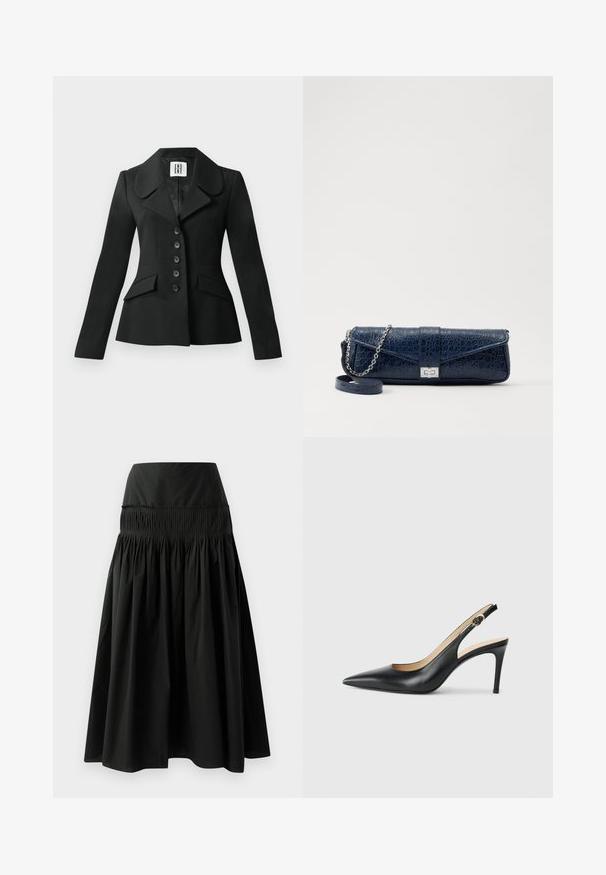 Čierny oblekový kabát so štruktúrovanou siluetou, veľkým golierom, šiestimi gombíkmi a dvoma prednými vreckami. Hladká textúra, dlhé rukávy.; Saténová košieľka v béžovej farbe s čipkovým detailom na dekolte, s tenkými nastaviteľnými ramienkami a hladkou, lesklou textúrou.; Čierna sukňa po kolená vyrobená z hladkej látky, s priliehavým pásom a naberaným dizajnom pre objem.; Čierne kožené lodičky na odkryté päte s špicatou špičkou, nastaviteľným pásikom a elegantným ihlovým podpätkom, s hladkým povrchom.; Tmavomodrá kožená kapsička s krokodílovou textúrou, strieborný reťazový popruh a kovová spona. Obdĺžnikový tvar so sklápacím dizajnom.