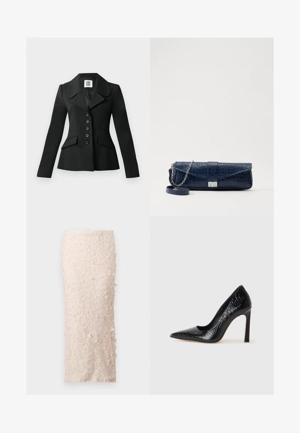 Schwarze, maßgeschneiderte Jacke mit strukturierter Silhouette, großem Kragen, sechs Knöpfen und zwei Vordertaschen. Glatte Textur, lange Ärmel.; Beige Satin-Camisole mit Spitzendetails am Ausschnitt, dünnen verstellbaren Trägern und einer glatten, glänzenden Textur.; Cremefarbene Bleistiftskirt aus Spitze mit floralen Applikationen. Das Design ist tailliert und weist eine glatte Textur sowie detaillierte Verzierungen auf.; Schwarzer, spitz zulaufender High Heel mit Krokodilleder-Struktur, elegantem Design, hohem Stiletto-Absatz und glattem schwarzen Innenraum.; Marineblaue Leder-Clutch mit Krokodilstruktur, silberner Kettenriemen und metallischem Verschluss. Rechteckige Form mit Umschlagdesign.