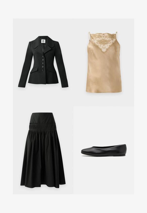 Černý sak s přizpůsobeným střihem, se strukturovanou siluetou, velkým límcem, šesti knoflíky a dvěma předními kapsami. Hladká textura, dlouhé rukávy.; Béžová saténová košilka s krajkovým detailem na výstřihu, tenké nastavitelné ramínka a hladký, lesklý povrch.; Černá sukně po kolena vyrobená z hladkého materiálu, s dobře padnoucím pasem a nabíraným designem pro objem.; Paul Smith TOPANGA - Klasické baleríny - black