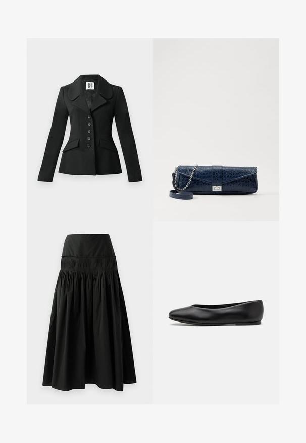 Musta räätälöity takki, jossa on jämäkkä siluetti, suuri kaulus, kuusi nappia ja kaksi etutaskua. Sileä pinta, pitkät hihat.; Satin camisole vaaleanbeige värissä, jossa on pitsiyksityiskohtia kaula-aukon ympärillä. Mallissa on ohuet säädettävät olkaimet ja sileä, kiiltävä pinta.; Mustat polvipituiset hameet, jotka on valmistettu sileästä kankaasta. Hameessa on tiukka vyötärö ja kerroksellinen muotoilu, joka lisää täyteläisyyttä.; Paul Smith TOPANGA - Ballerinat - black; Navy sininen nahkakukkarokotelo, jossa on krokotiilinumero, hopeaketjuolkapanta ja metallilukko. Suorakulmainen muoto taitettavalla designilla.