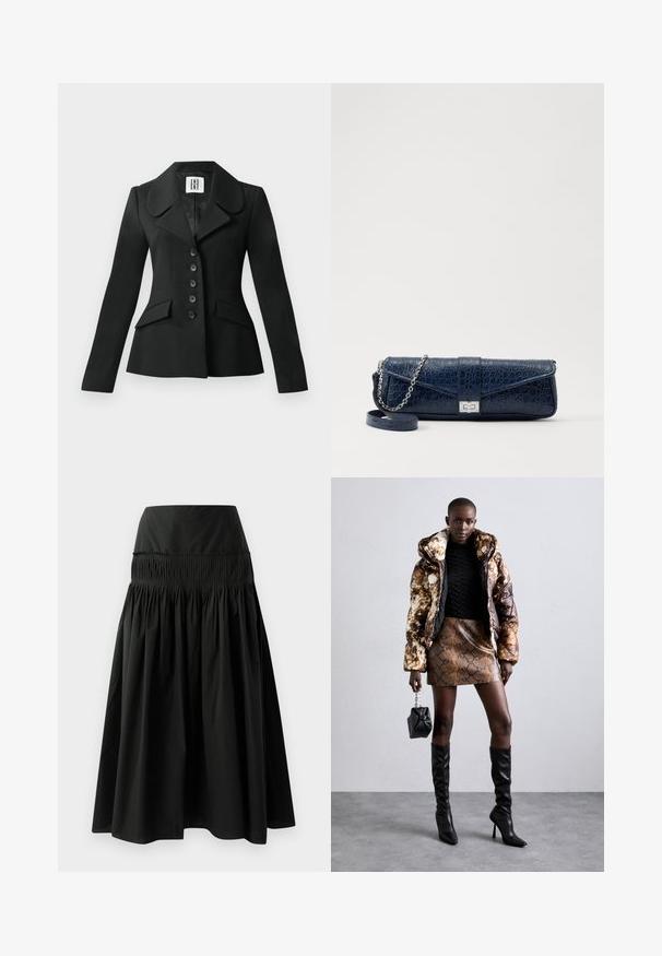 Sort skræddersyet jakke med en struktureret silhuet, stor krave, seks knapper og to forlommer. Glat tekstur, lange ærmer.; Satin camisole i beige med blonde detaljer ved udskæringen, som har tynde justerbare stropper og en glat, blank tekstur.; Sort knælang nederdel lavet af glat stof, med en tætsiddende talje og rynket design for fylde.; Pufferjakke med et brunt og sort mønster, parret med en brun slangeskinds mini nederdel, sorte støvler op til knæet og en lille sort taske.; Mørkeblå læder clutch med krokodilleskin, sølv kædesti og metallisk lukning. Firkantet form med fold-over design.
