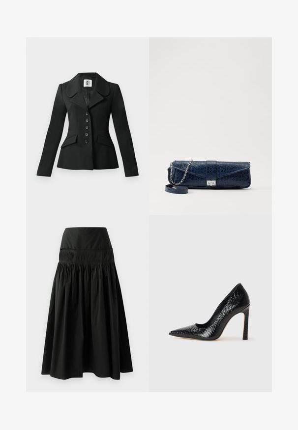 Veste noire ajustée avec une silhouette structurée, grand col, six boutons et deux poches avant. Texture lisse, manches longues.; Camisole en satin beige avec des détails en dentelle au niveau du col, dotée de fines bretelles réglables et d'une texture lisse et brillante.; Jupe noire longueur genou en tissu lisse, avec une taille ajustée et un design noué pour plus de volume.; Escarpin noir à bout pointu avec texture en cuir de crocodile, présentant un design élégant, un haut talon aiguille et un intérieur noir lisse.; Pochette en cuir bleu marine avec une texture crocodile, une chaîne en argent et un fermoir métallique. De forme rectangulaire avec un design rabat.