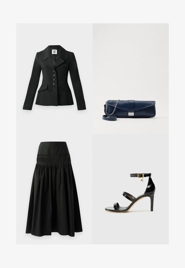 Veste noire ajustée avec une silhouette structurée, grand col, six boutons et deux poches avant. Texture lisse, manches longues.; Camisole en satin beige avec des détails en dentelle au niveau du col, dotée de fines bretelles réglables et d'une texture lisse et brillante.; Jupe noire longueur genou en tissu lisse, avec une taille ajustée et un design noué pour plus de volume.; Sandale en cuir verni noir avec trois brides, boucle de cheville et talon aiguille de 10 cm. Présente un détail en métal doré et un charm logo.; Pochette en cuir bleu marine avec une texture crocodile, une chaîne en argent et un fermoir métallique. De forme rectangulaire avec un design rabat.