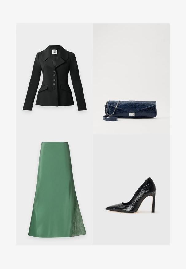 Černý sak s přizpůsobeným střihem, se strukturovanou siluetou, velkým límcem, šesti knoflíky a dvěma předními kapsami. Hladká textura, dlouhé rukávy.; Béžová saténová košilka s krajkovým detailem na výstřihu, tenké nastavitelné ramínka a hladký, lesklý povrch.; Zelená saténová sukně s volným A-liniovým siluetou, která má na jedné straně průhlednou krajkovou aplikaci pro přidanou texturu a kontrast.; Černý lodičkový bot s špičatou špičkou, pokrytý texturou krokodýlí kůže, s elegantním designem, vysokým stiletto podpatkem a hladkým černým interiérem.; Námořnická modrá kožená kabelka s krokodýlí texturou, stříbrným řetízkovým popruhem a kovovým zapínáním. Obdélníkový tvar s překlápěcím designem.