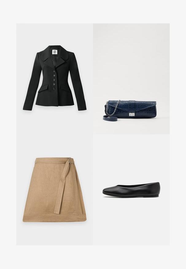 Veste noire ajustée avec une silhouette structurée, grand col, six boutons et deux poches avant. Texture lisse, manches longues.; Camisole en satin beige avec des détails en dentelle au niveau du col, dotée de fines bretelles réglables et d'une texture lisse et brillante.; Jupe en lin beige, avec une légère forme évasée, dotée d'un lien sur le côté et d'un détail de boucle, texture lisse et ourlet net.; Paul Smith TOPANGA - Ballerines - black; Pochette en cuir bleu marine avec une texture crocodile, une chaîne en argent et un fermoir métallique. De forme rectangulaire avec un design rabat.