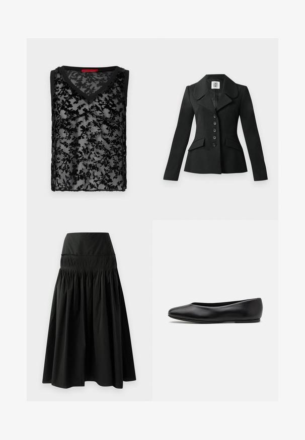 Giacca nera su misura con silhouette strutturata, ampio colletto, sei bottoni e due tasche frontali. Tessuto liscio, maniche lunghe.; Top senza maniche nero con sovrapposizione in pizzo floreale trasparente, design a V e rifiniture nere lungo il colletto e le aperture delle maniche.; Gonna nera fino al ginocchio realizzata in tessuto morbido, con una vita aderente e un design arricciato per un effetto voluminoso.; Paul Smith TOPANGA - Ballerine - black