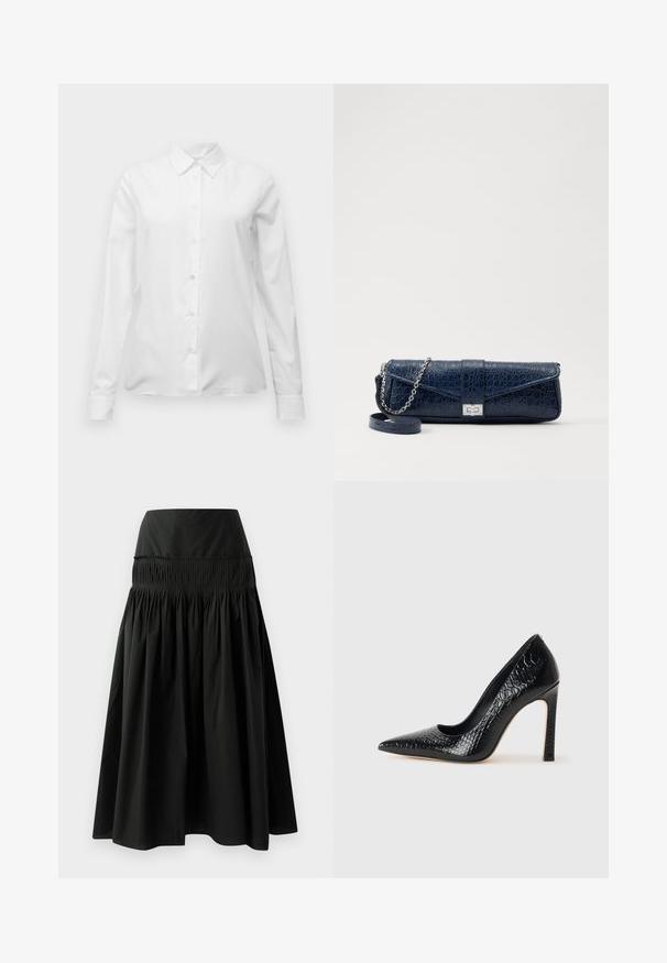 Zwarte op maat gemaakte jas met een gestructureerde silhouet, grote kraag, zes knopen en twee voorkwasten. Glad textuur, lange mouwen.; Witte overhemd met lange mouwen, knoopsluiting en puntige kraag, nauwsluitende pasvorm en manchetten, weergegeven tegen een effen witte achtergrond.; Zwarte knielange rok van gladde stof, met een aansluitende tailleband en een geassembleerd ontwerp voor volume.; Zwarte puntige hoge hak schoen met een krokodillenleren textuur, met een slank ontwerp, hoge stiletto-hak, en een gladde zwarte binnenkant.; Marineblauwe leren clutch met een krokodillenstructuur, zilveren kettingriem en metalen sluiting. Rectangulaire vorm met een omgevouwen ontwerp.