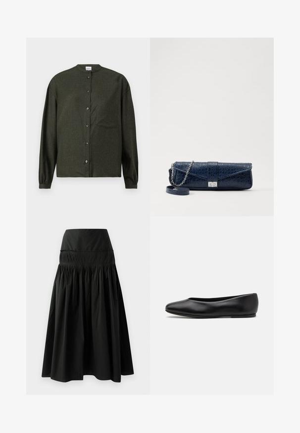 Zwarte op maat gemaakte jas met een gestructureerde silhouet, grote kraag, zes knopen en twee voorkwasten. Glad textuur, lange mouwen.; Donkergroen blouse met opstaand kraagje, lange mouwen, borstzak en een gladde, gestructureerde stof.; Zwarte knielange rok van gladde stof, met een aansluitende tailleband en een geassembleerd ontwerp voor volume.; Paul Smith TOPANGA - Ballerina's - black; Marineblauwe leren clutch met een krokodillenstructuur, zilveren kettingriem en metalen sluiting. Rectangulaire vorm met een omgevouwen ontwerp.