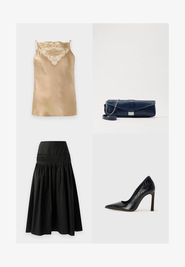 Veste noire ajustée avec une silhouette structurée, grand col, six boutons et deux poches avant. Texture lisse, manches longues.; Camisole en satin beige avec des détails en dentelle au niveau du col, dotée de fines bretelles réglables et d'une texture lisse et brillante.; Jupe noire longueur genou en tissu lisse, avec une taille ajustée et un design noué pour plus de volume.; Escarpin noir à bout pointu avec texture en cuir de crocodile, présentant un design élégant, un haut talon aiguille et un intérieur noir lisse.; Pochette en cuir bleu marine avec une texture crocodile, une chaîne en argent et un fermoir métallique. De forme rectangulaire avec un design rabat.