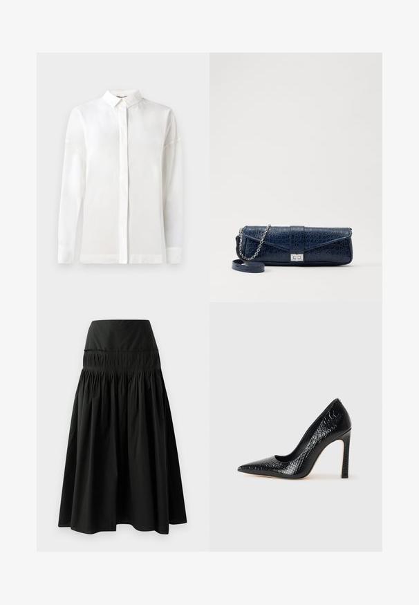Sacou negru croit, cu o siluetă structurată, guler mare, șase nasturi și două buzunare frontale. Textură netedă, mâneci lungi.; Cămașă albă cu mânecă lungă, cu guler cu nasturi, textură netedă, croială dreaptă și placket ascuns. Material moale, ușor, fără modele.; Fustă neagră până la genunchi, dintr-un material neted, cu un talie ajustată și un design plisat pentru volum.; Pantofii cu toc înalt, ascuțiți, de culoare neagră, cu textură de piele de crocodil, având un design elegant, toc în stil stiletto și interior neted de culoare neagră.; Plică din piele de culoare bleumarin, cu textură de crocodil, curea din lanț argintie și clapetă metalică. Formă rectangulară cu design pliabil.