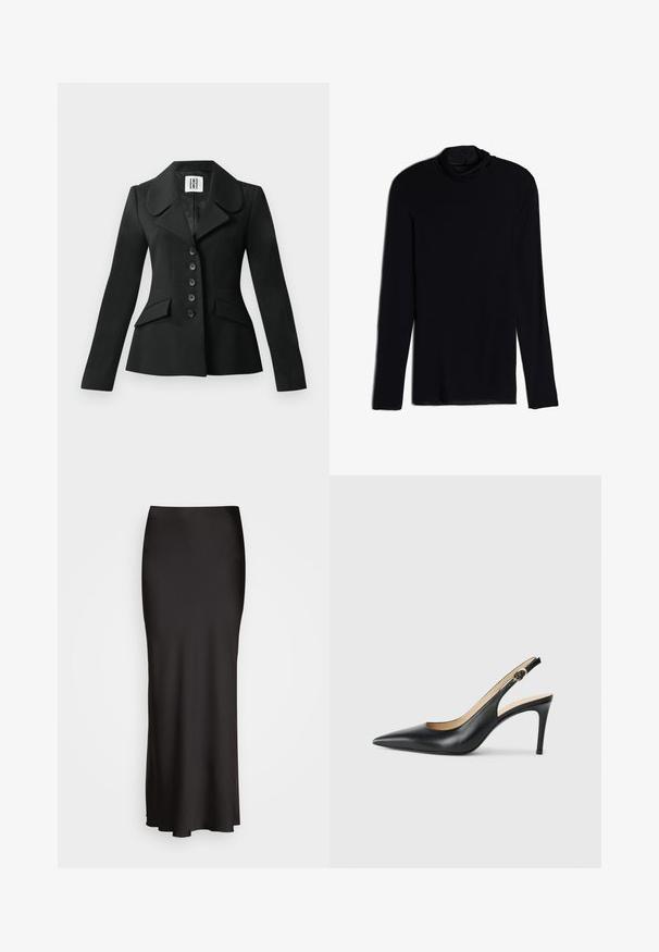 Chaqueta negra a medida con una silueta estructurada, gran cuello, seis botones y dos bolsillos frontales. Textura suave, mangas largas.; Top negro de manga larga con cuello tipo cowl, hecho de una tela suave y lisa; diseño ajustado con dobladillo recto y sin costuras visibles.; Falda larga de satén negra con una textura suave, cinturilla ajustada y silueta en A, que no presenta adornos ni patrones visibles.; Tacones altos negros de cuero con tirantes, punta afilada, correa ajustable y un elegante tacón de aguja, con un acabado suave.