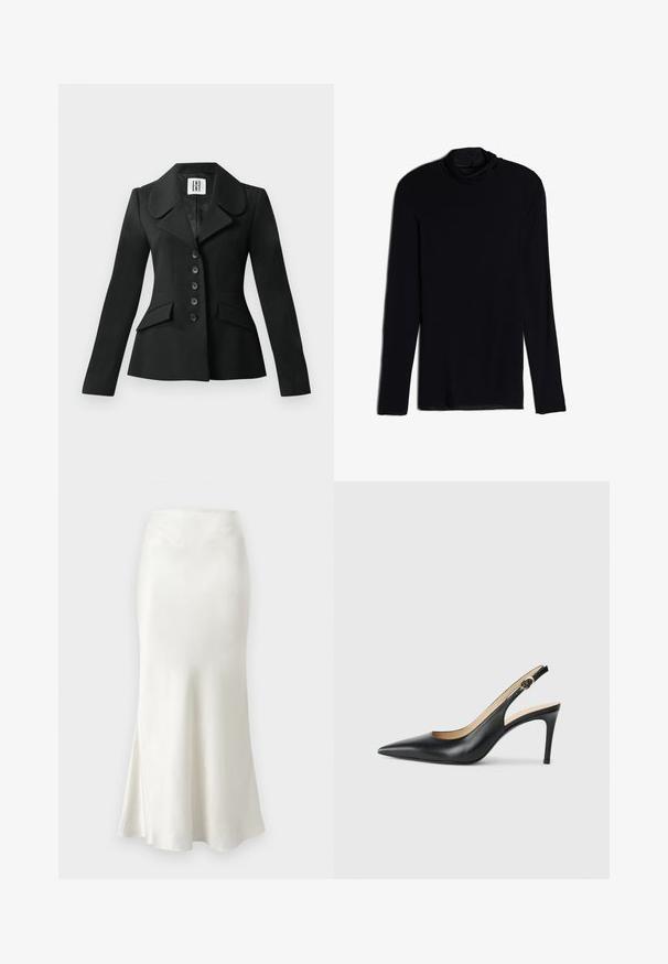 Schwarze, maßgeschneiderte Jacke mit strukturierter Silhouette, großem Kragen, sechs Knöpfen und zwei Vordertaschen. Glatte Textur, lange Ärmel.; Schwarzes Langarmoberteil mit einem Kragen, gefertigt aus einem weichen, glatten Stoff; taillierte Passform mit geradem Saum und ohne sichtbare Nähte.; Midikleid aus Seide in Off-White mit weitem Saum. Glatte Textur, tailliert und mit dezenten Nahtdetails oben.; Schwarze Leder-Slingback-High-Heels mit spitzem Zehenbereich, verstellbarem Riemen und schlankem Stiletto-Absatz, ausgestattet mit einer glatten Oberfläche.