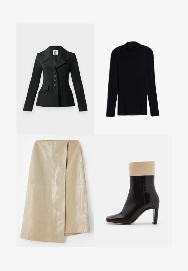Chaqueta negra a medida con una silueta estructurada, gran cuello, seis botones y dos bolsillos frontales. Textura suave, mangas largas.; Top negro de manga larga con cuello tipo cowl, hecho de una tela suave y lisa; diseño ajustado con dobladillo recto y sin costuras visibles.; Falda de piel sintética beige con un patrón de piel de serpiente texturizado y brillante; presenta un diseño envolvente y una abertura lateral para un detalle adicional.; Botín negro de cuero hasta el tobillo con un acento crema en la parte superior, puntera puntiaguda y un tacón alto con detalles en plata. Textura suave sin patrones visibles.