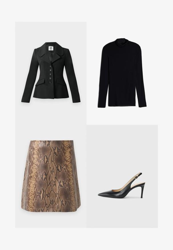 Sort skræddersyet jakke med en struktureret silhuet, stor krave, seks knapper og to forlommer. Glat tekstur, lange ærmer.; Sort langærmet top med en cowl-hals, lavet af et blødt, glat stof; tætsiddende design med lige kant og uden synlige sømme.; Brun slangeskindsprint mini-nederdel lavet af kunstlæder, med en glat tekstur, tætsiddende silhuet og subtile syninger.; Sorte læder slingback højhælede sko med spids tå, justerbar rem og en slank stiletto hæl, der har en glat finish.