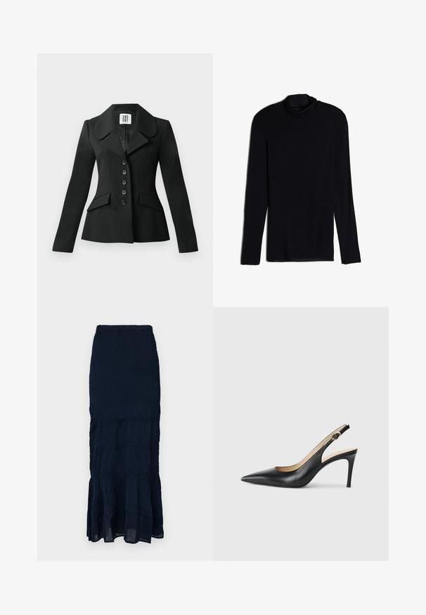 Zwarte op maat gemaakte jas met een gestructureerde silhouet, grote kraag, zes knopen en twee voorkwasten. Glad textuur, lange mouwen.; Zwarte langemouwen top met een cowlneck, gemaakt van een zachte, gladde stof; aansluitend ontwerp met rechte zoom en geen zichtbare naden.; Marineblauwe midi-rok met smocking, een gelaagde, gerimpelde zoom en een gestructureerde stof. Elastische tailleband voor een verstelbare pasvorm.; Zwarte leren slingback-hakken met een spitse neus, verstelbare band en een elegante stiletto-hak, met een gladde afwerking.