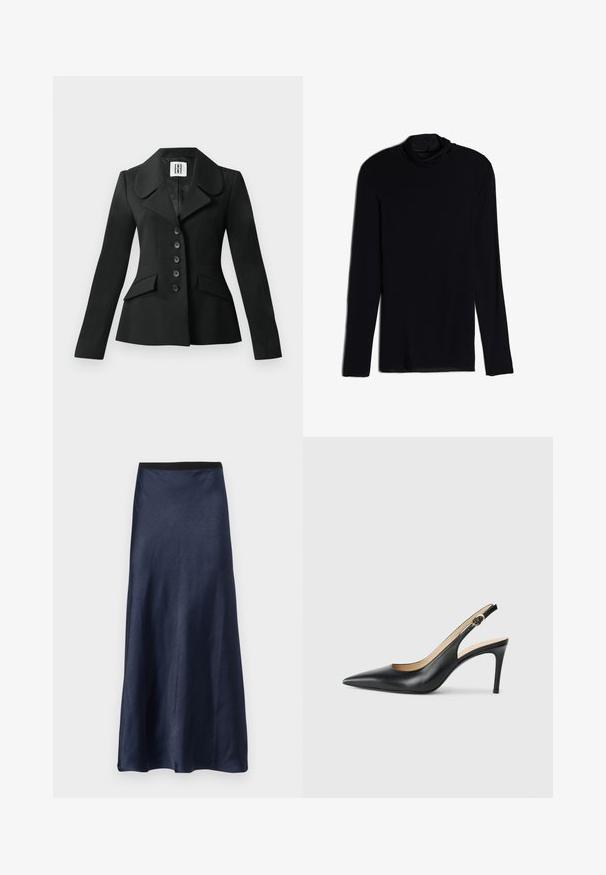 Zwarte op maat gemaakte jas met een gestructureerde silhouet, grote kraag, zes knopen en twee voorkwasten. Glad textuur, lange mouwen.; Zwarte langemouwen top met een cowlneck, gemaakt van een zachte, gladde stof; aansluitend ontwerp met rechte zoom en geen zichtbare naden.; Marineblauwe satijnen midi-jurk met een gladde textuur, uitlopende ontwerp en een zwarte elastische tailleband. Geen patronen of zichtbare hardware.; Zwarte leren slingback-hakken met een spitse neus, verstelbare band en een elegante stiletto-hak, met een gladde afwerking.