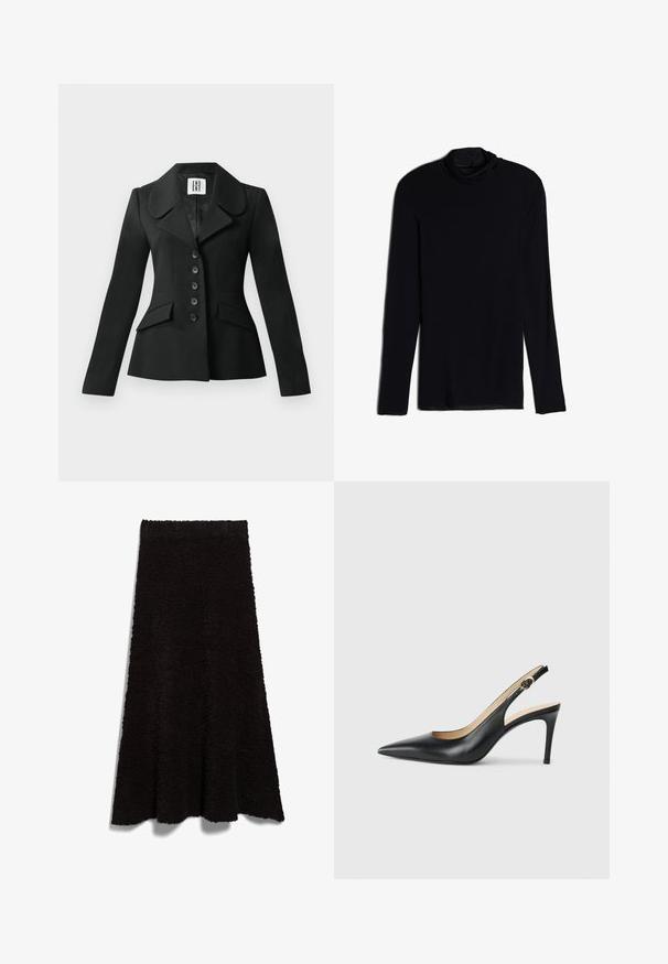 Zwarte op maat gemaakte jas met een gestructureerde silhouet, grote kraag, zes knopen en twee voorkwasten. Glad textuur, lange mouwen.; Zwarte langemouwen top met een cowlneck, gemaakt van een zachte, gladde stof; aansluitend ontwerp met rechte zoom en geen zichtbare naden.; Zwarte, fluffy stoffen rok met een A-lijnvorm en een ruwe zoom. De textuur lijkt zacht en comfortabel, geschikt voor casual draag of lagen.; Zwarte leren slingback-hakken met een spitse neus, verstelbare band en een elegante stiletto-hak, met een gladde afwerking.