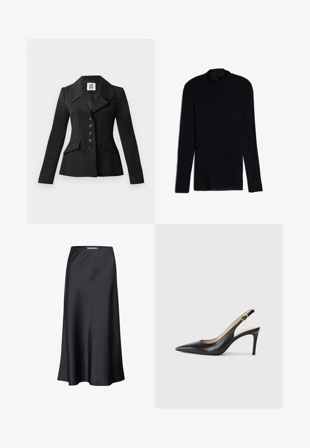 Zwarte op maat gemaakte jas met een gestructureerde silhouet, grote kraag, zes knopen en twee voorkwasten. Glad textuur, lange mouwen.; Zwarte langemouwen top met een cowlneck, gemaakt van een zachte, gladde stof; aansluitend ontwerp met rechte zoom en geen zichtbare naden.; Zwarte midi-rok van soepel materiaal, met een vloeiende silhouet en een subtiele glans. Heeft een eenvoudig, effen ontwerp.; Zwarte leren slingback-hakken met een spitse neus, verstelbare band en een elegante stiletto-hak, met een gladde afwerking.