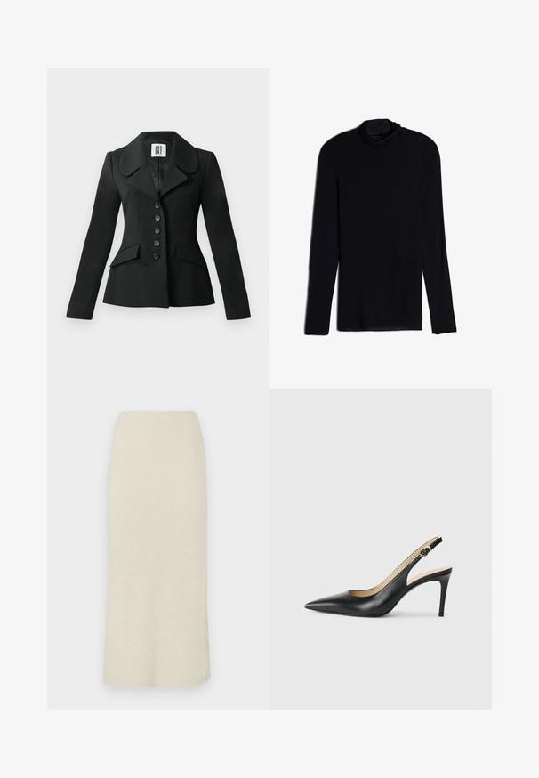 Chaqueta negra a medida con una silueta estructurada, gran cuello, seis botones y dos bolsillos frontales. Textura suave, mangas largas.; Top negro de manga larga con cuello tipo cowl, hecho de una tela suave y lisa; diseño ajustado con dobladillo recto y sin costuras visibles.; Falda lápiz color crema hasta la rodilla, con una tela suave y texturizada y una cintura alta.; Tacones altos negros de cuero con tirantes, punta afilada, correa ajustable y un elegante tacón de aguja, con un acabado suave.