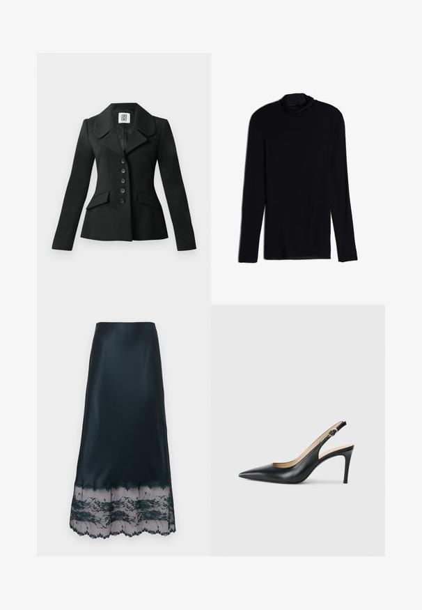 Černý sak s přizpůsobeným střihem, se strukturovanou siluetou, velkým límcem, šesti knoflíky a dvěma předními kapsami. Hladká textura, dlouhé rukávy.; Černý dlouhý rukáv top se stojáčkem, vyrobený z jemné, hladké tkaniny; přiléhavý design se rovnými lemy a bez viditelných švů.; Černá saténová midi sukně s průsvitným krajkovým lemem zdobeným květinovou výšivkou a vroubkovanými okraji.; Černé kožené lodičky na podpatku s špičatou špičkou, nastavitelným páskem a elegantním jehlovým podpatkem, vyznačující se hladkým povrchem.