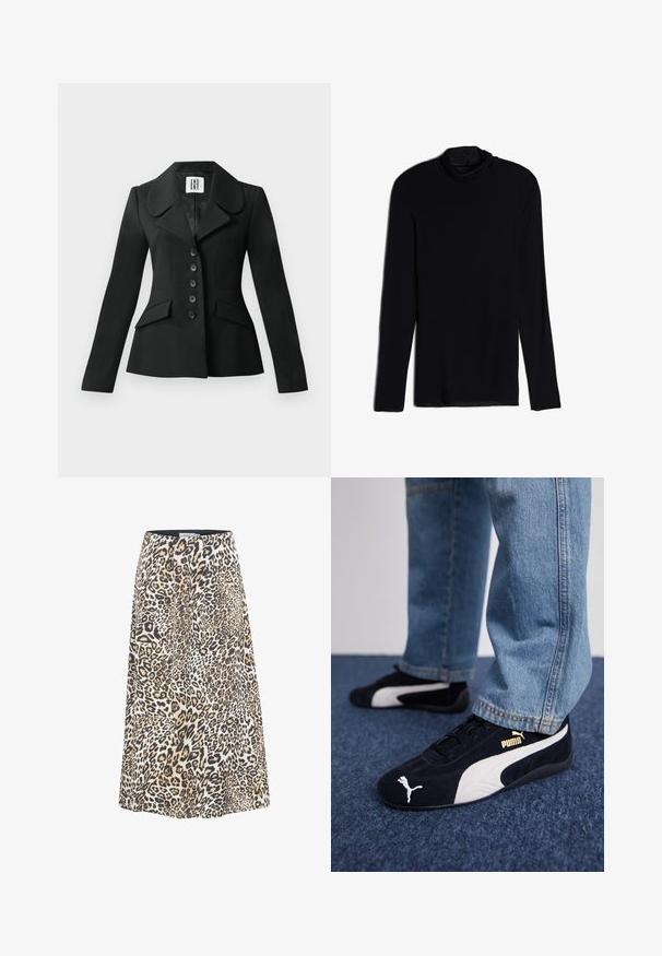 Zwarte op maat gemaakte jas met een gestructureerde silhouet, grote kraag, zes knopen en twee voorkwasten. Glad textuur, lange mouwen.; Zwarte langemouwen top met een cowlneck, gemaakt van een zachte, gladde stof; aansluitend ontwerp met rechte zoom en geen zichtbare naden.; Leopardprint rok met een uitlopende stijl, in tinten van beige, zwart en crème. Gemaakt van zachte, lichte stof met een elastische tailleband.; Zwarte suède sneakers met witte accenten, voorzien van een gouden logo. Gemaakt met lichtblauwe spijkerbroek en geplaatst op een textuur blauwe ondergrond.
