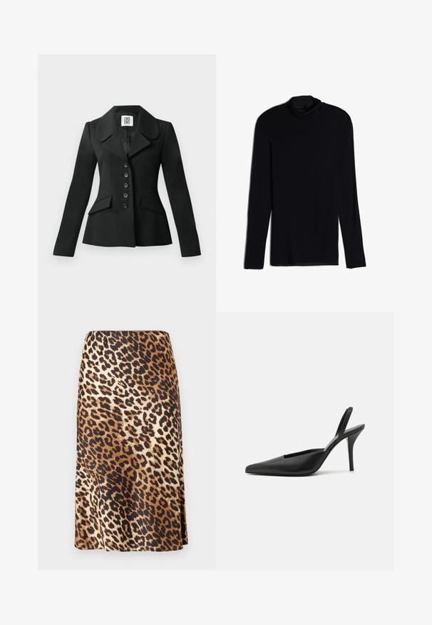 Veste noire ajustée avec une silhouette structurée, grand col, six boutons et deux poches avant. Texture lisse, manches longues.; Haut noir à manches longues avec col drapé, fabriqué à partir d'un tissu doux et lisse ; design ajusté avec ourlet droit et sans coutures visibles.; Jupe imprimée léopard en tissu lisse et satiné ; présente un mélange de couleurs marron, noir et crème avec une silhouette en A.; Chaussures à talons noires à bride arrière avec un bout pointu, en cuir lisse, et un design épuré et minimaliste. Talon aiguille haut.