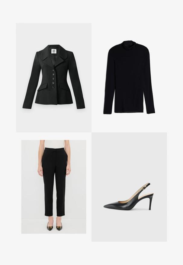 Zwarte op maat gemaakte jas met een gestructureerde silhouet, grote kraag, zes knopen en twee voorkwasten. Glad textuur, lange mouwen.; Zwarte langemouwen top met een cowlneck, gemaakt van een zachte, gladde stof; aansluitend ontwerp met rechte zoom en geen zichtbare naden.; Zwarte op maat gemaakte broek met een gladde stof, rechte snit en een platte tailleband. Gekenmerkt door het combineren met zwarte puntige hakken met gouden accenten.; Zwarte leren slingback-hakken met een spitse neus, verstelbare band en een elegante stiletto-hak, met een gladde afwerking.