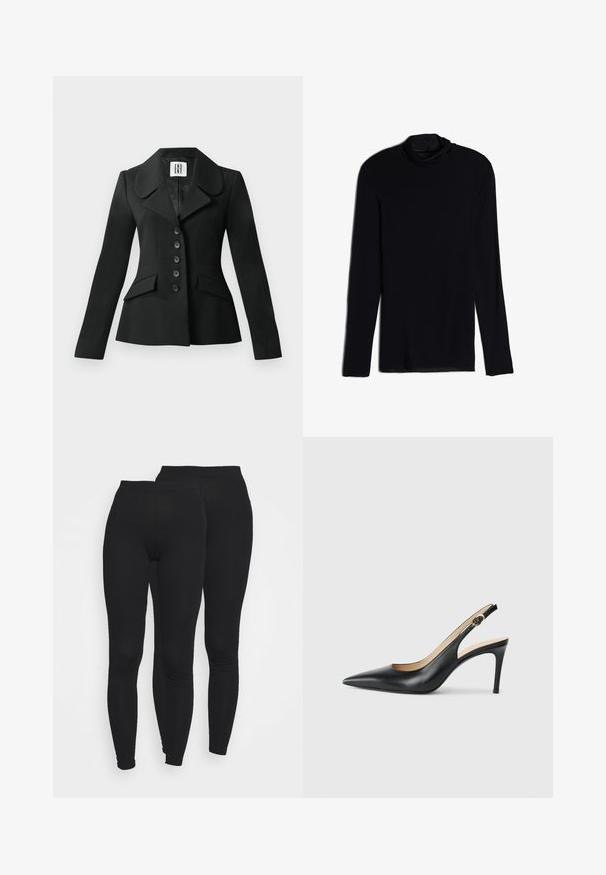 Zwarte op maat gemaakte jas met een gestructureerde silhouet, grote kraag, zes knopen en twee voorkwasten. Glad textuur, lange mouwen.; Zwarte langemouwen top met een cowlneck, gemaakt van een zachte, gladde stof; aansluitend ontwerp met rechte zoom en geen zichtbare naden.; Zwarte legging met een elastische tailleband, gemaakt van een gladde, rekbare stof. Kenmerkt zich door een aansluitend ontwerp dat naar de enkels toe smaller wordt.; Zwarte leren slingback-hakken met een spitse neus, verstelbare band en een elegante stiletto-hak, met een gladde afwerking.
