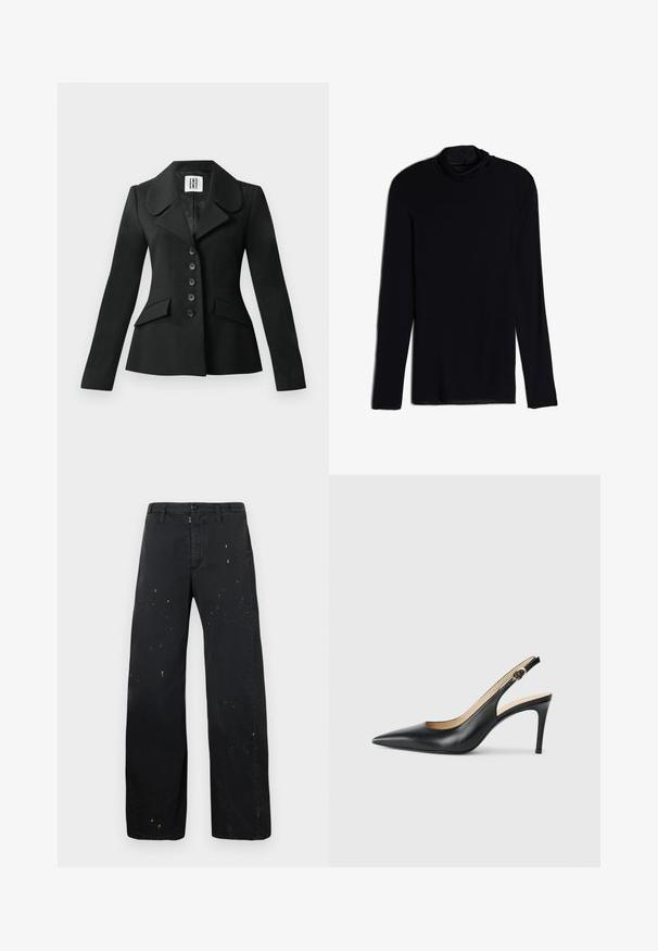 Černý sak s přizpůsobeným střihem, se strukturovanou siluetou, velkým límcem, šesti knoflíky a dvěma předními kapsami. Hladká textura, dlouhé rukávy.; Černý dlouhý rukáv top se stojáčkem, vyrobený z jemné, hladké tkaniny; přiléhavý design se rovnými lemy a bez viditelných švů.; MM6 Maison Margiela PANTS - Džíny Relaxed Fit - black; Černé kožené lodičky na podpatku s špičatou špičkou, nastavitelným páskem a elegantním jehlovým podpatkem, vyznačující se hladkým povrchem.