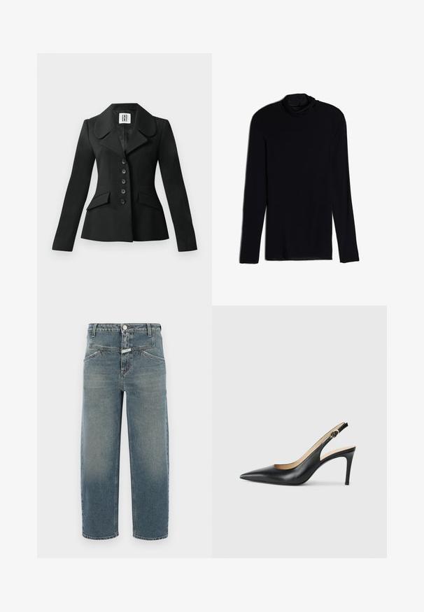 Černý sak s přizpůsobeným střihem, se strukturovanou siluetou, velkým límcem, šesti knoflíky a dvěma předními kapsami. Hladká textura, dlouhé rukávy.; Černý dlouhý rukáv top se stojáčkem, vyrobený z jemné, hladké tkaniny; přiléhavý design se rovnými lemy a bez viditelných švů.; CLOSED STOVER X - Zúžené džíny - mid blue; Černé kožené lodičky na podpatku s špičatou špičkou, nastavitelným páskem a elegantním jehlovým podpatkem, vyznačující se hladkým povrchem.