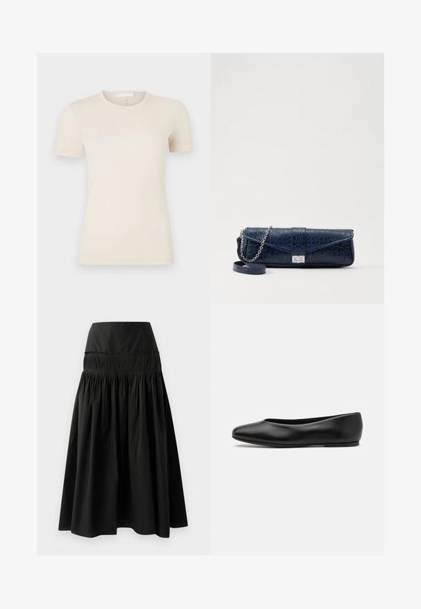 Giacca nera su misura con silhouette strutturata, ampio colletto, sei bottoni e due tasche frontali. Tessuto liscio, maniche lunghe.; T-shirt a maniche corte color beige chiaro con colletto rotondo. Tessuto di cotone liscio, vestibilità slim e un piccolo logo dettagliato vicino all'orlo.; Gonna nera fino al ginocchio realizzata in tessuto morbido, con una vita aderente e un design arricciato per un effetto voluminoso.; Paul Smith TOPANGA - Ballerine - black; Clutch in pelle blu navy con texture a coccodrillo, tracolla in catena argentata e chiusura metallica. Forma rettangolare con design pieghevole.