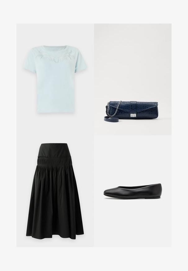 Czarna marynarka o dopasowanym kroju, z wyraźnie zarysowaną sylwetką, dużym kołnierzem, sześcioma guzikami i dwoma przednimi kieszeniami. Gładka faktura, długie rękawy.; Jasnoniebieska bawełniana koszulka z krótkimi rękawami i okrągłym dekoltem, zdobiona skomplikowanym białym haftem na wysokości klatki piersiowej.; Czarna spódnica do kolan wykonana z gładkiego materiału, z dopasowanym pasem i marszczonym wzorem dla większej objętości.; Paul Smith TOPANGA czarny; Granatowa skórzana kopertówka o strukturze krokodyla, z srebrnym łańcuszkiem i metalowym zapięciem. Prostokątny kształt z zapięciem na klapkę.