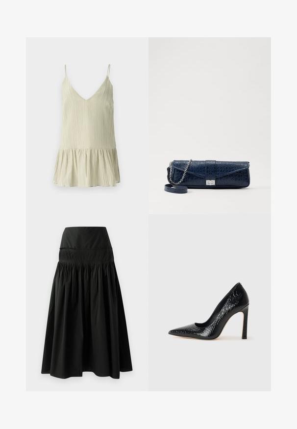 Melnā pielāgotā žakete ar struktūru, liela apkakle, seši pogas un divas priekšējās kabatas. Gluda tekstūra, garas piedurknes.; Gaiši zaļš plikts topiņš ar V-veida kakla izgriezumu un plānām plecu siksnām, ar izplestu, sakrautu apakšmalu, lai pievienotu apjomu.; Melna ceļa garuma svārki, izgatavoti no gludas auduma, ar pieguļošu jostas daļu un savelkuma dizainu, kas nodrošina apjomu.; Melni augstpapēžu apavi ar norādītu purngalu, ar krokodila ādas tekstūru, izceļoties ar elegantu dizainu, augstu stiletto papēdi un gludu melnu interjeru.; Tumsā zila ādas kluču soma ar krokodila struktūru, sudraba ķēdītes siksniņu un metalizētiem klipiem. Taisnstūra forma ar pārklājošu dizainu.