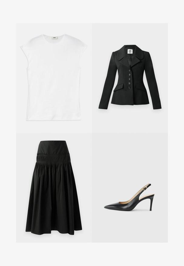 Sacou negru croit, cu o siluetă structurată, guler mare, șase nasturi și două buzunare frontale. Textură netedă, mâneci lungi.; Tricou alb cu mânecă scurtă, realizat din bumbac. Are un guler rotund și o textură netedă, moale, cu o croială lejeră. Fără modele sau accente.; Fustă neagră până la genunchi, dintr-un material neted, cu un talie ajustată și un design plisat pentru volum.; Cizme negre din piele cu toc înalt slingback, cu vârf ascuțit, curea ajustabilă și un toc stiletto elegant, având un finisaj neted.