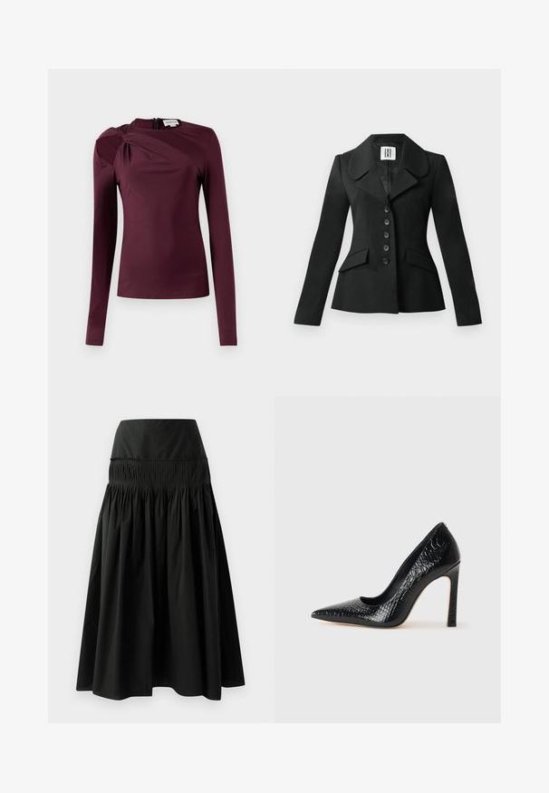 Fekete szabott zakó, amelynek strukturált sziluettje van, nagy gallérral, hat gombbal és két elülső zsebbel. Sima textúrájú, hosszú ujjaival.; Hosszú ujjú felső mély burgundi színben, csavart dizájnnal a vállon és hátsó cipzárral. Simább, rugalmas anyag, amely testhezálló fazont biztosít.; Fekete, térdig érő szoknya sima anyagból, rugalmas derékpánttal és rakott kialakítással a bőségéért.; Fekete hegyes orrú magassarkú cipő krokodilbőr textúrával, letisztult dizájnnal, magas tűsarkú és sima fekete belső résszel.