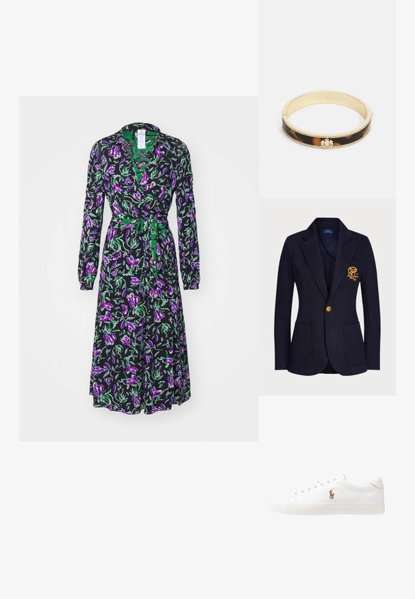 Navy blejzr vyrobený z texturované tkaniny má zlatý knoflík a vyšitý logo na náprsní kapse. Obsahuje dvě přední kapsy.; Diane von Furstenberg PHOENIX REVERSIBLE DRESS - Denní šaty - green; Bílé kožené tenisky, nízký střih, s hladkým povrchem, kulatou špičkou, šněrováním v přední části a malým vyšitým logem na boku.; Lauren Ralph Lauren CREST BANGLE - Náramek - gold-coloured/tort