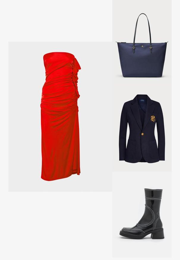 A tengerészkék blézer textúrált anyagból készült, amelyen arany gomb és hímzett logó található a mellzsebén. Két elülső zsebet tartalmaz.; Váll nélküli piros ruha, amely fodros részletekkel, sima textúrával és testhezálló szabással rendelkezik, amely oldalhasítással van ellátva a dizájn érdekessége érdekében.; Fekete lakkbőr bokacsizma fehér varrással, kerek orral és blokk sarkal. Görbült formai vonalakkal és sima textúrával rendelkezik.; Tengerészeti kék vászontáska strukturált anyagból, fekete bőr fogantyúkkal és arany színű fém kiegészítőkkel. Cipzáras záródás a tetején.
