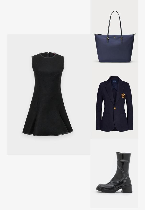 Námornícky blejzer vyrobený z textúrovaného materiálu má zlatý gombík a vyšívané logo na vrecku na hrudi. Obsahuje dve predné vrecká.; Čierne bezramienkové šaty s rozšírenou sukňou, textúrovaná látka, zakrivené švy a zips na chrbte. Okorenené čiernym lemovaním.; Čierne lakované kožené členkové čižmy s bielym prešívaním, zaoblenou špičkou a blokovým podpätkom. Majú zakrivené línie dizajnu a hladkú textúru.; Námornícky modrá taška cez rameno vyrobená z texturovanej látky, s čiernymi koženými uchami a zlatými kovovými doplnkami. Zips na vrchu.