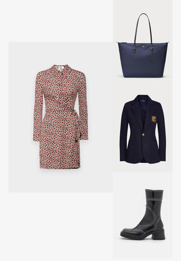 Merimies bleiseri, joka on valmistettu tekstuurikankaasta, sisältää kultanapin ja brodeeratun logon rinnataskussa. Mukana on kaksi etutaskua.; Pitkähihaisessa mekossa on kapea vyötärö, kietaisumalli ja geometrinen kuosi punaisissa, kermanvärisissä ja ruskeissa sävyissä. Sileä kangastuntuma.; Musta lakattu nahkasaapas nilkkamallissa, jossa on valkoiset ompeleet, pyöreä kärki ja lohkarekorko. Ominaisuuksiin kuuluvat kaarevat muotoilulinjat ja sileä pinta.; Tummansininen kassi, joka on valmistettu teksturoidusta kankaasta, mustilla nahkahandleilla ja kultaisilla yksityiskohdilla. Vetoketjukiinnitys ylhäällä.