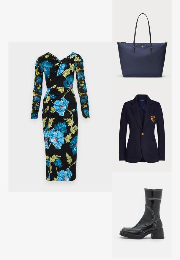 Mėlynas bleiseris, pagamintas iš tekstūruotos medžiagos, turi auksinį mygtuką ir išsiuvinėtą logotipą krūtinės kišenėje. Įrengtos dvi priekinės kišenės.; Diane von Furstenberg RICH DRESS - Kasdienė suknelė - dark teal; Juodo lakuoto odos kulkšninis batas su baltomis siūlėmis, apvaliu pirštu ir blokuotu kulnu. Ypatinasi išlenktomis dizaino linijomis ir lygia tekstūra.; Tamsiai mėlyna pirkinių lagaminas, pagamintas iš tekstūruotos medžiagos, su juodais odiniais rankenėlėmis ir auksiniais akcentais. Užtrauktuko uždarymas viršuje.