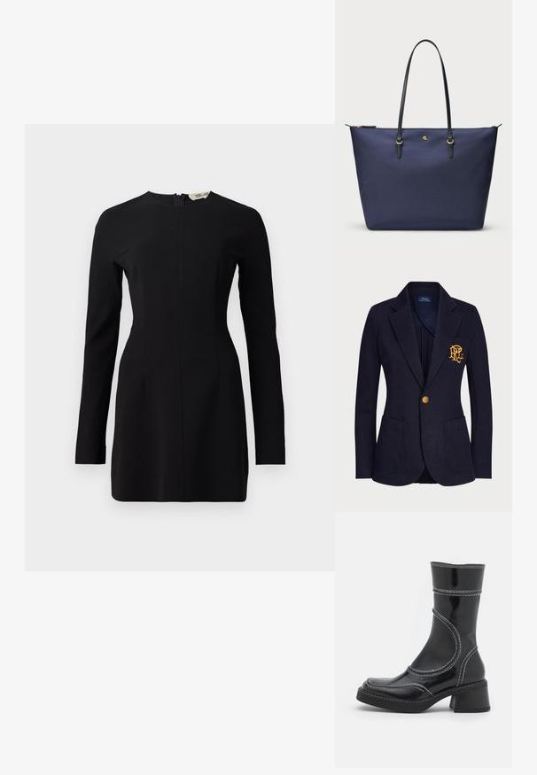 Merimies bleiseri, joka on valmistettu tekstuurikankaasta, sisältää kultanapin ja brodeeratun logon rinnataskussa. Mukana on kaksi etutaskua.; Mustassa pitkähihaisessa mekossa on korkea pääntie, tiukka siluetti ja takasauma. Valmistettu sileästä kankaasta, jossa on minimaalista yksityiskohtaa.; Musta lakattu nahkasaapas nilkkamallissa, jossa on valkoiset ompeleet, pyöreä kärki ja lohkarekorko. Ominaisuuksiin kuuluvat kaarevat muotoilulinjat ja sileä pinta.; Tummansininen kassi, joka on valmistettu teksturoidusta kankaasta, mustilla nahkahandleilla ja kultaisilla yksityiskohdilla. Vetoketjukiinnitys ylhäällä.