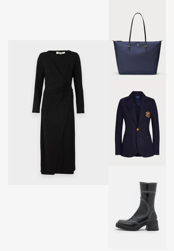 Marineblazer aus strukturiertem Stoff mit einem goldenen Knopf und einem gestickten Logo auf der Brusttasche. Verfügt über zwei Fronttaschen.; Schwarz langärmliges Kleid mit Wickeldesign und verdrehtem Knoten-Detail an der Taille. Hergestellt aus weichem, strukturiertem Stoff mit mittellangem Schnitt.; Schwarze Lackleder-Ankle Boots mit weißen Nähten, abgerundeter Zehe und Blockabsatz. Besitzt geschwungene Designlinien und eine glatte Textur.; Dunkelblaues Tragetasche aus strukturiertem Stoff, mit schwarzen Ledergriffen und goldenen Hardware-Details. Reißverschlussverschluss an der Oberseite.