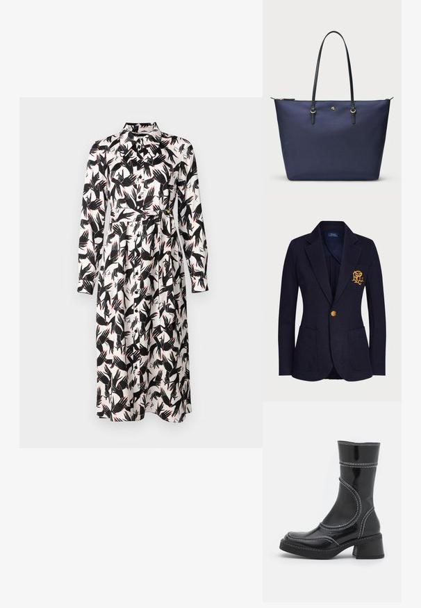 Navy blejzr vyrobený z texturované tkaniny má zlatý knoflík a vyšitý logo na náprsní kapse. Obsahuje dvě přední kapsy.; Diane von Furstenberg GIZELLE DRESS - Denní šaty - ivory; Černé lakované kotníkové boty s bílým prošíváním, kulatou špičkou a blokovým podpatkem. Charakteryzují se zakřivenými designovými liniemi a hladkým povrchem.; Námořnická modrá taška přes rameno vyrobená z texturované látky, s černými koženými uchy a zlatými kovovými detaily. Zipové uzavření nahoře.